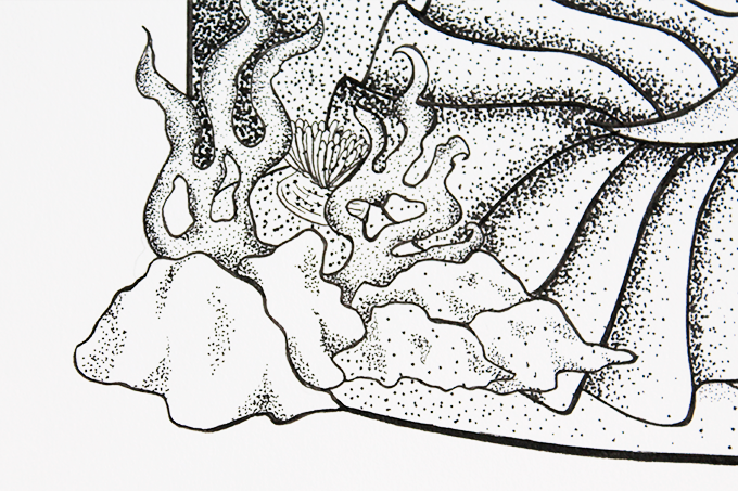 Detalhe da ilustração feita em linhas e pontilhismo