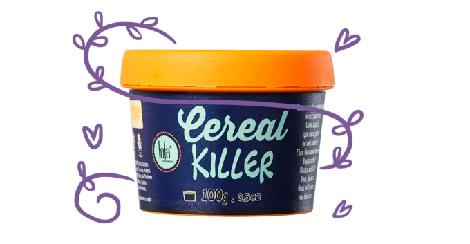 Embalagem do Cereal Killer da Lola Cosméticos, uma pomada para cabelo, com desenhos de folhinhas e corações ao redor