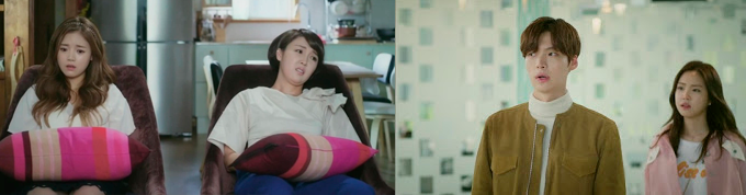 Primeira imagem com a madrasta e a irmã de Ha-won sentadas largadas em um sofá. Segunda imagem com Hyun-min dando de ombros para Hye-ji.