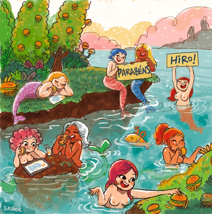 Ilustração de Samanta Flôor com sereias em um rio comendo hambúrgueres.