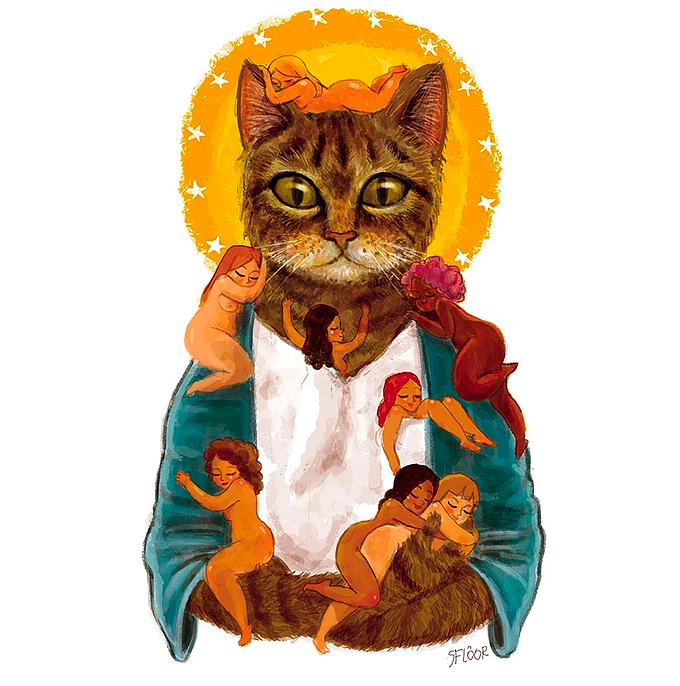 Um gato em pose sacra com várias mulherzinhas peladinhas penduradas nele.