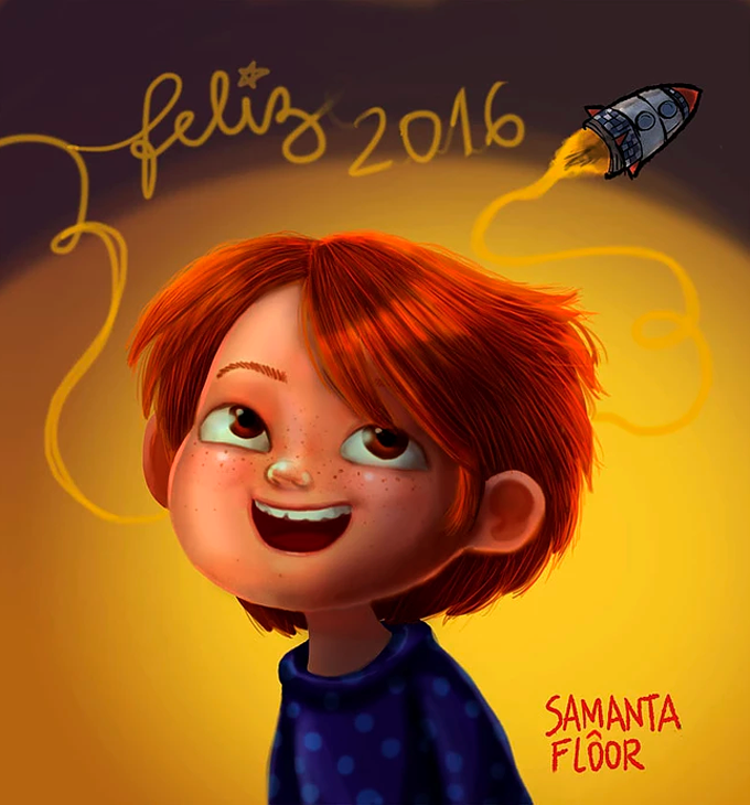 Menino feliz olhando para um escrito de feliz 2016 em forma de fumaça saindo de um foguete.