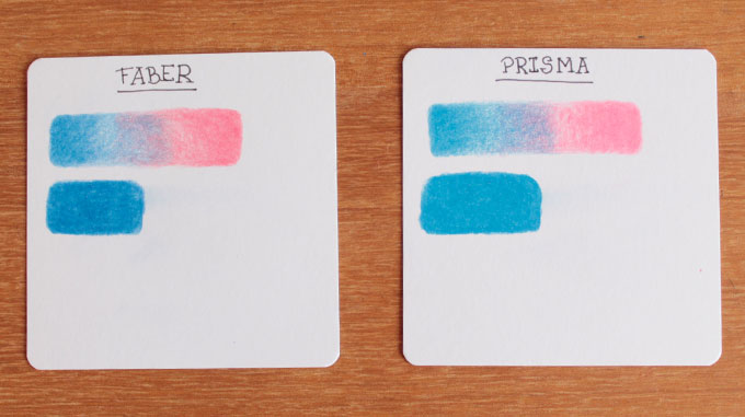 Cards com os testes do lápis de cor Prismacolor e Faber Castell Polychromos lado a lado para comparação